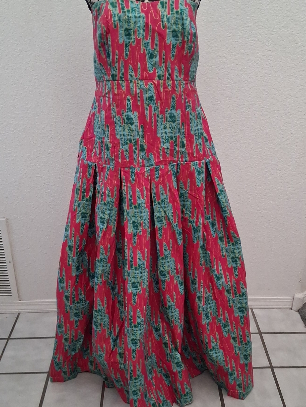 Strapless Guaranteed Wax Ikat Bright Pink and Teal Wax Printed Maxi Dress.